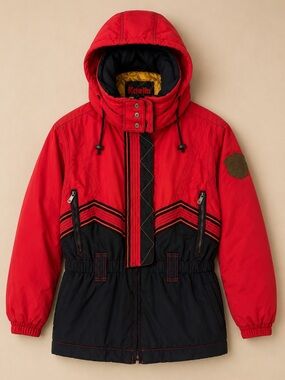 Vintage 90s Kaelin Retro Red Black Thermolite Ski Jacket Hooded Après Ski Coat